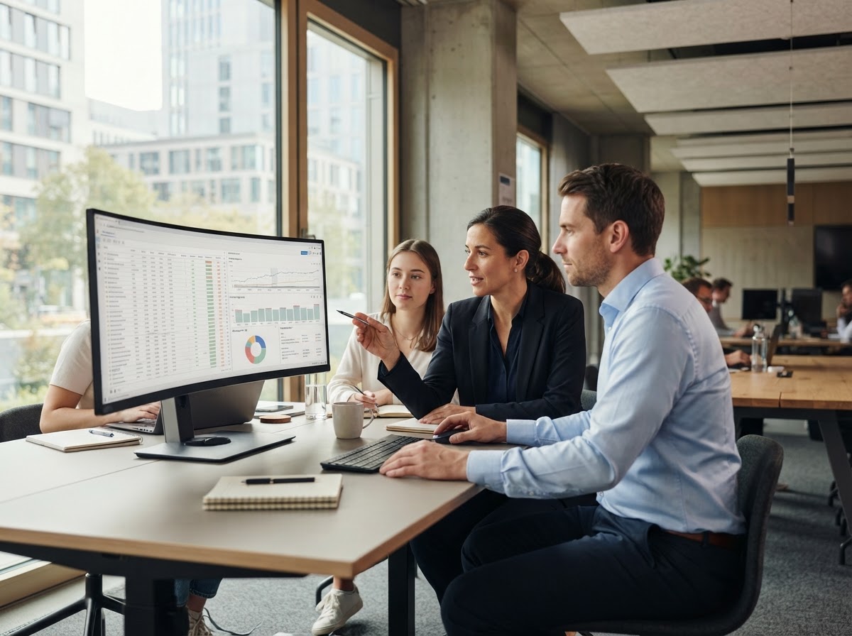 Drei Personen analysieren gemeinsam Daten auf einem breiten Computermonitor